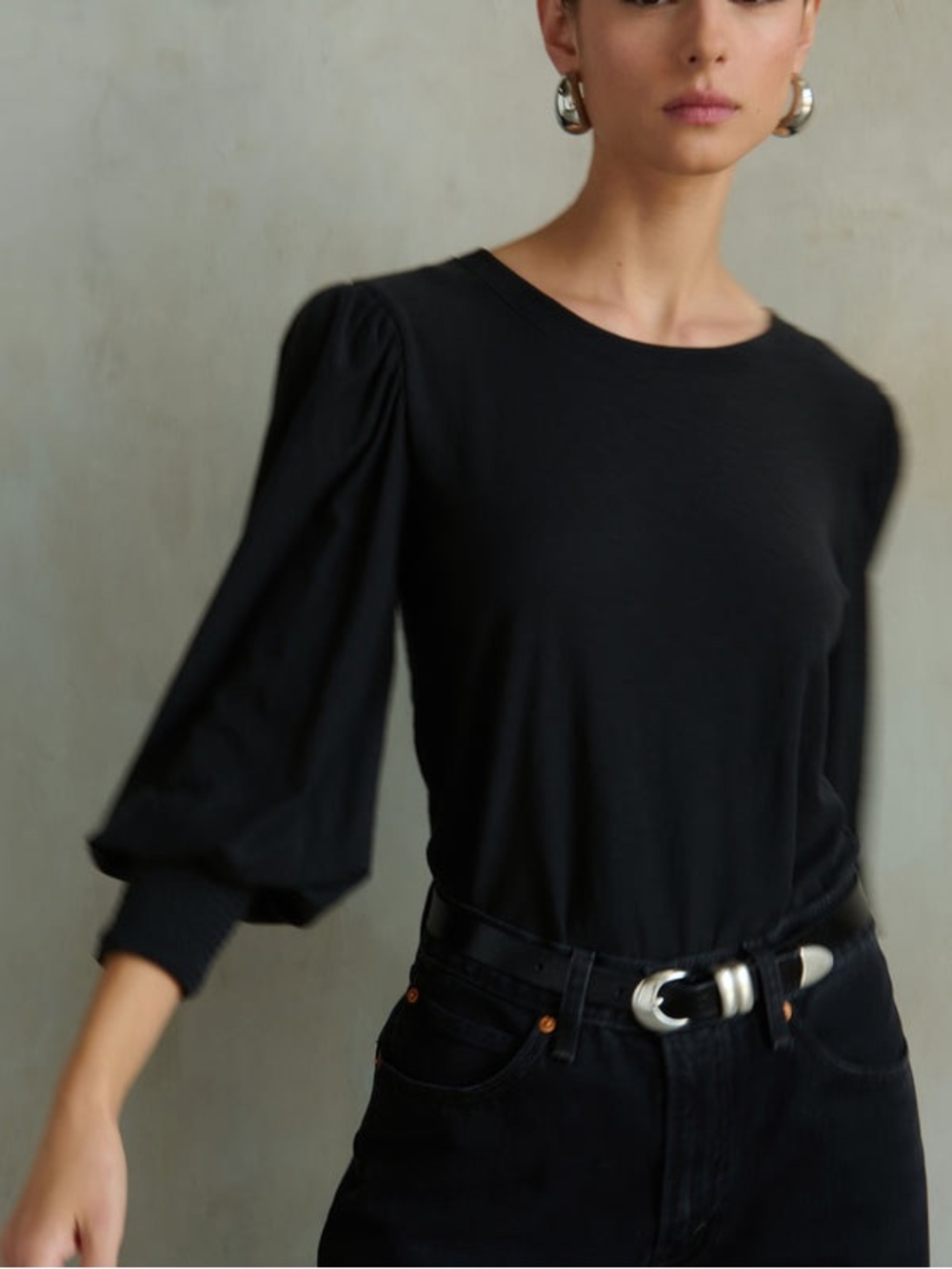 Nation Loren Black Puff-Sleeve Crewneck Top
